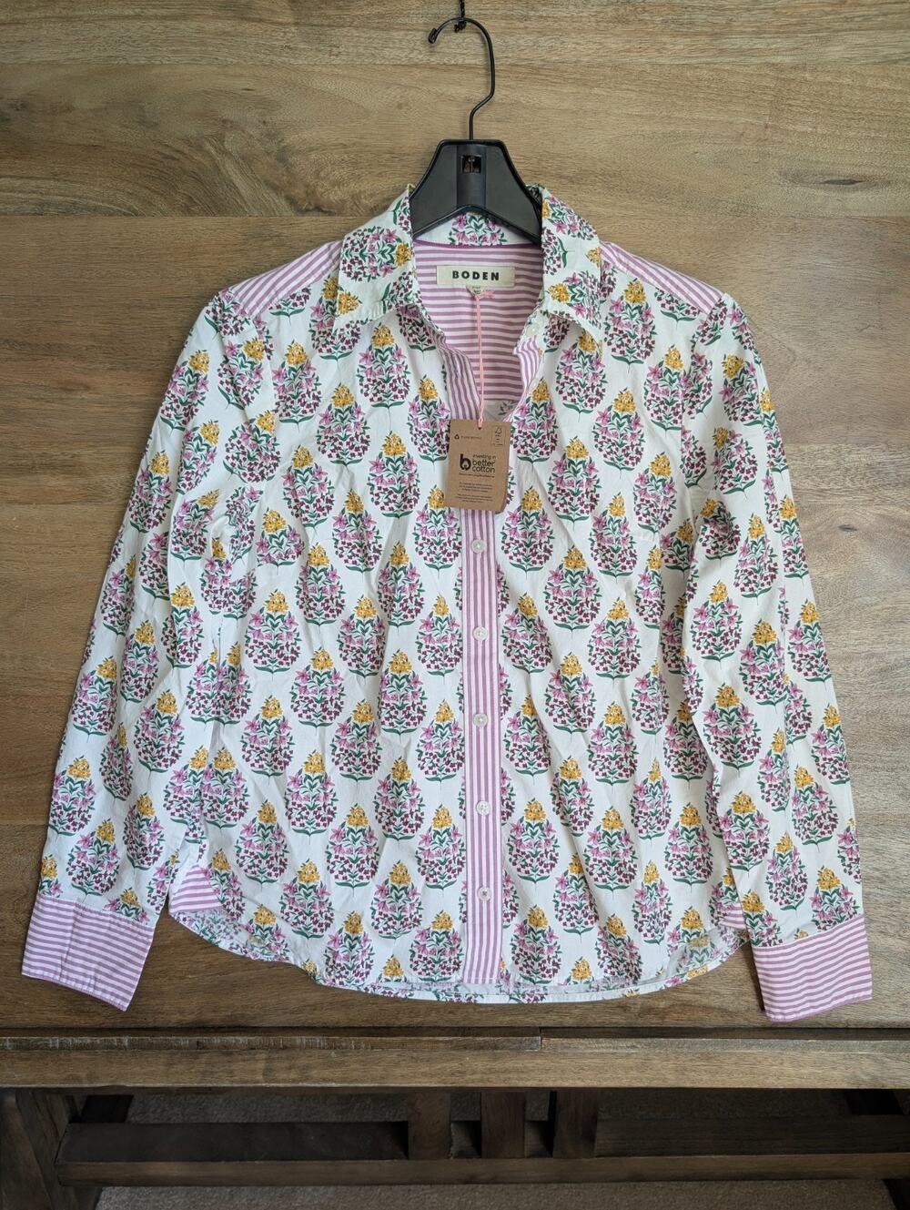 NWT Boden Shirt Top Womens 4P White Purple Floral Striped Long Sleeve Button Up